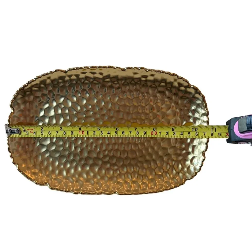 Hammered Matte Gold Serving Platter 11x7 Ceramic Scalloped Holiday Glam NEW